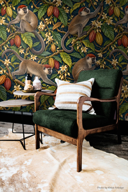 Mangabey Cocoa Lianas wallpaper shown in an interior setting