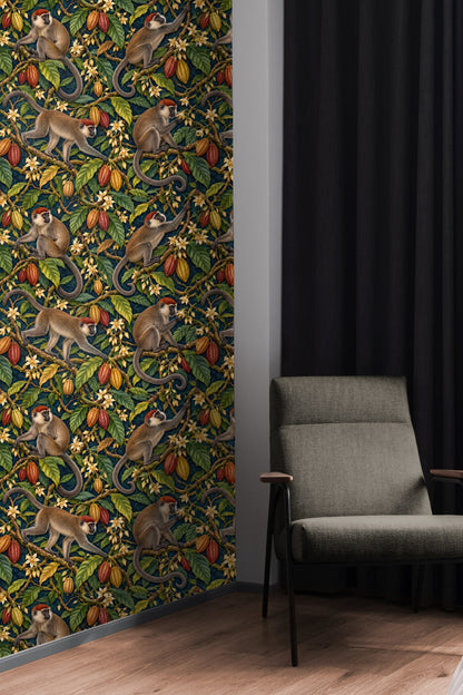 Mangabey Cocoa Lianas wallpaper shown in an interior setting