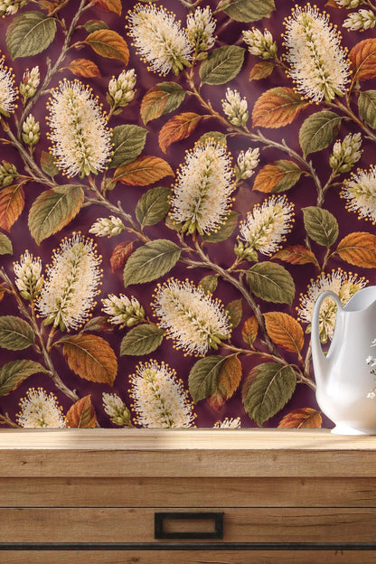Ivory Bottlebrush on Plum wallpaper shown in an interior setting
