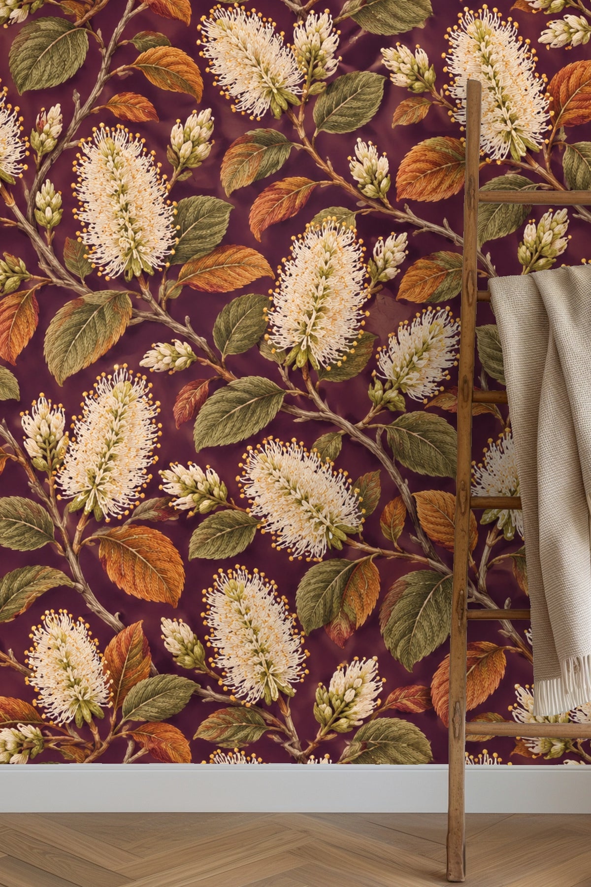 Detailed wallpaper artwork showing ivory bottlebrush flowers and green and rust leaves on a deep plum background