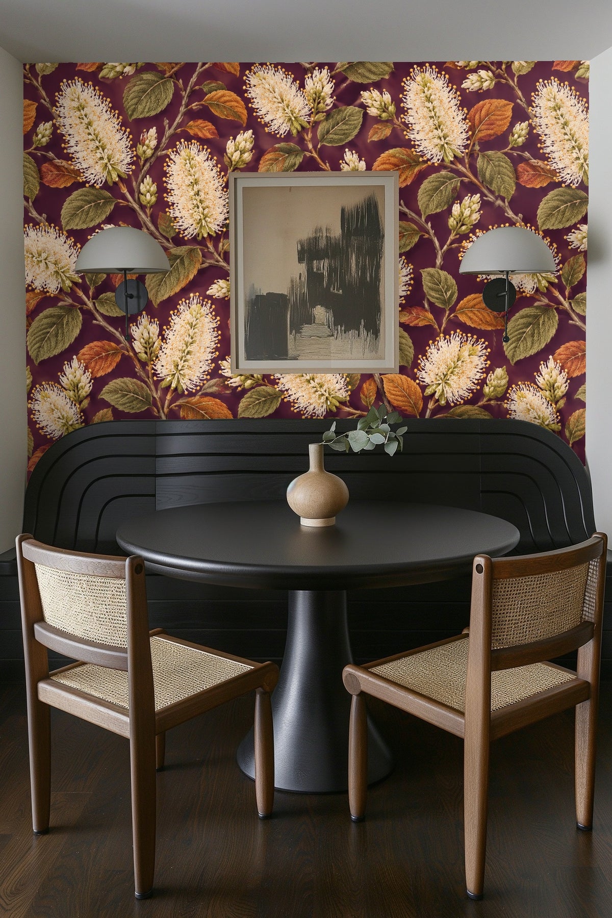 Ivory Bottlebrush on Plum wallpaper shown in an interior setting