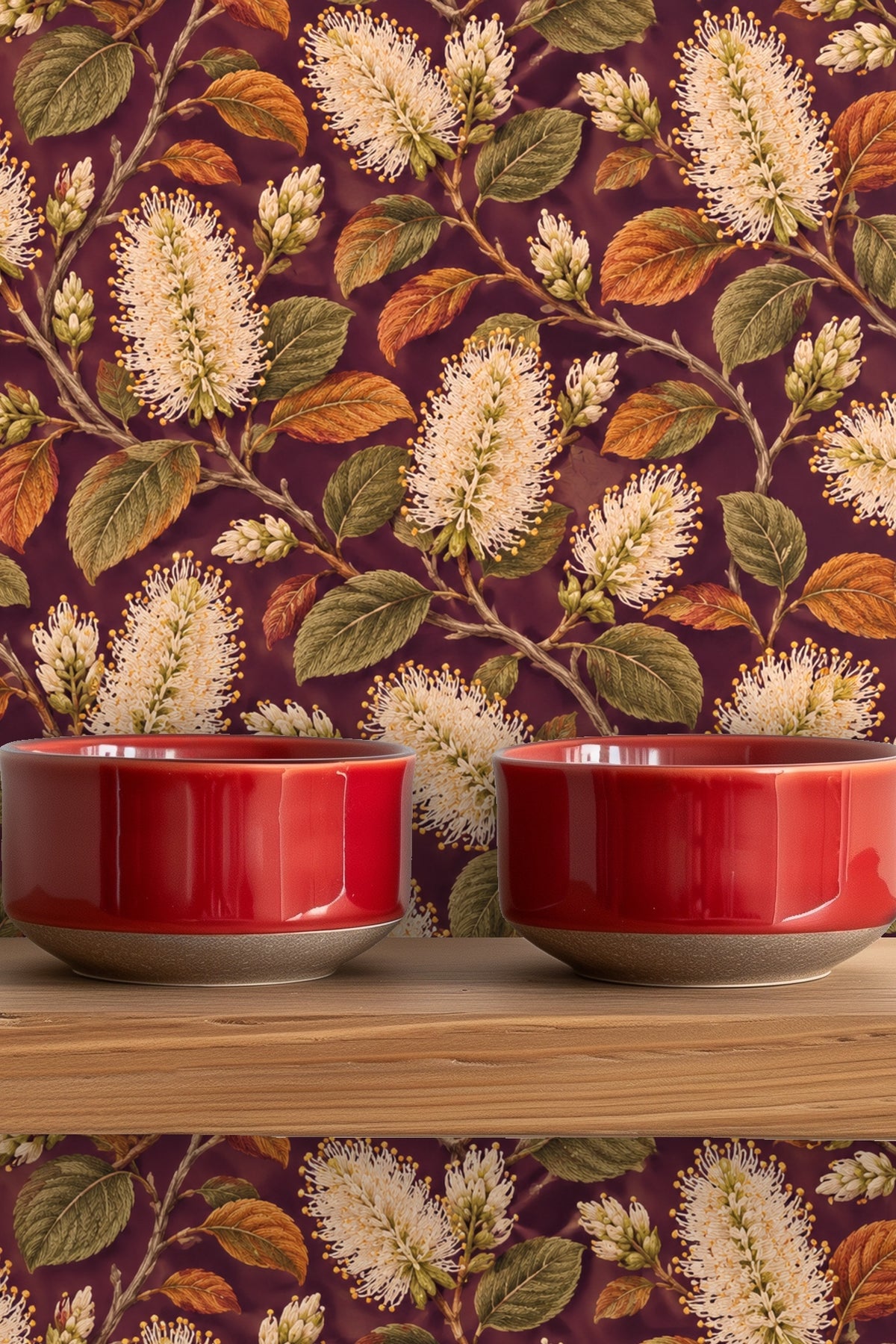 Floral pattern with ivory bottlebrush flowers and warm rust and olive leaves on deep plum backdrop