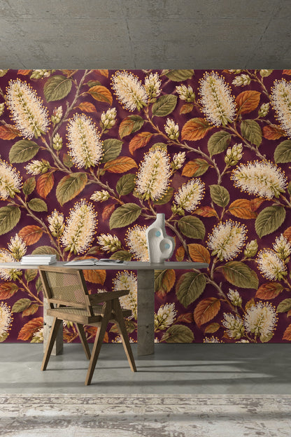 Ivory Bottlebrush on Plum wallpaper shown in an interior setting