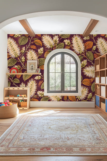 Perspective of wallpaper in a cozy mid-century style living room with orange couch and ceramic accents