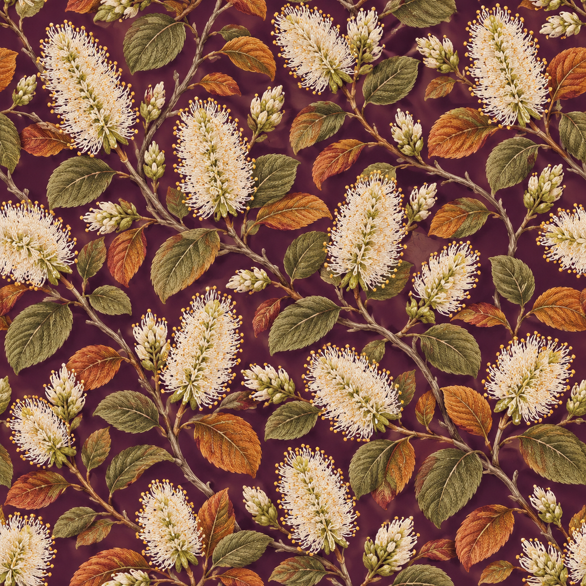 Ivory Bottlebrush on Plum wallpaper shown in an interior setting