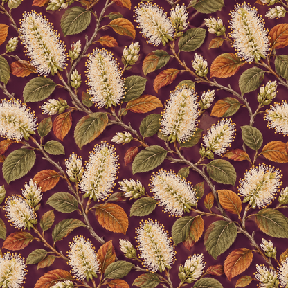 Ivory Bottlebrush on Plum wallpaper shown in an interior setting