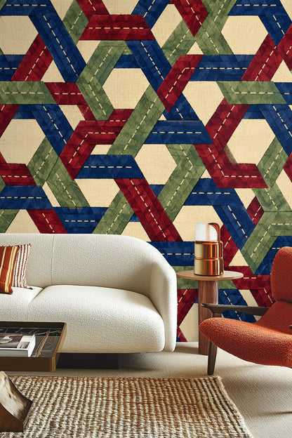 Texture emphasizing stitched lines across colored braided bands