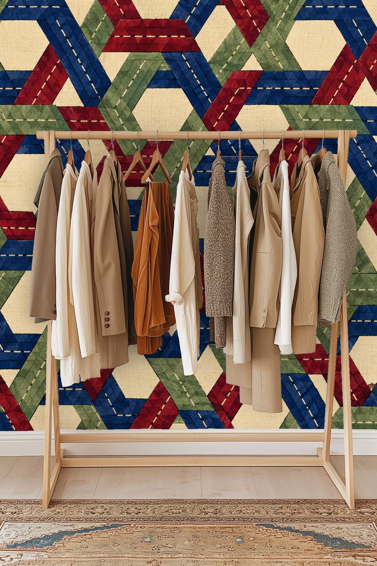 Entryway seating nook with beige throw and natural wood bench facing patterned wall