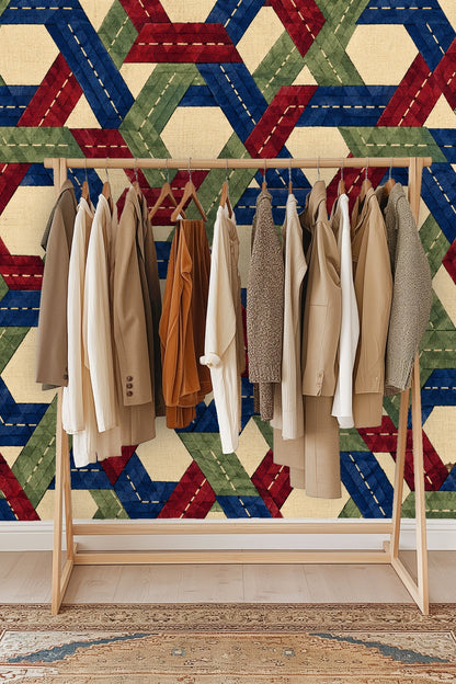 Entryway seating nook with beige throw and natural wood bench facing patterned wall