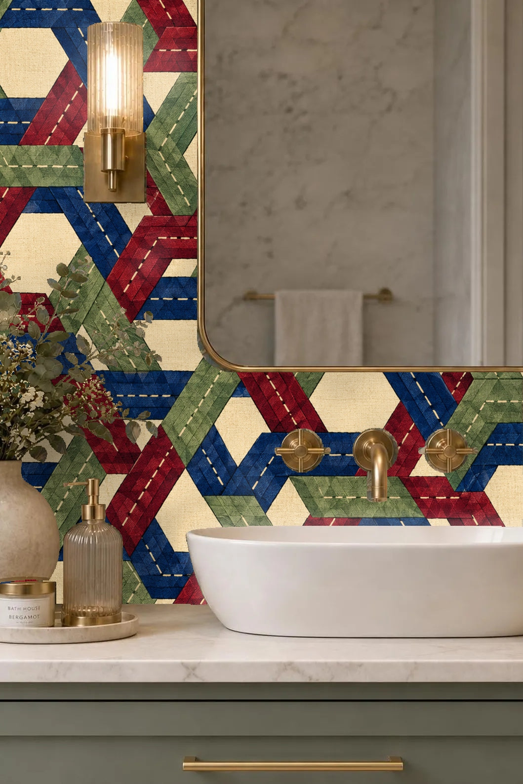 Entryway with Facet Braid Relay wallpaper framed by white arch and round mirror