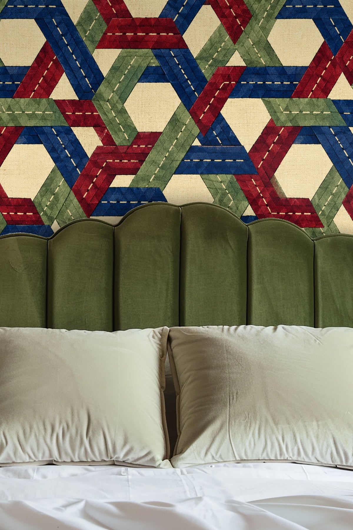 Detail of geometric braid pattern interwoven in blue, red, and green on linen base