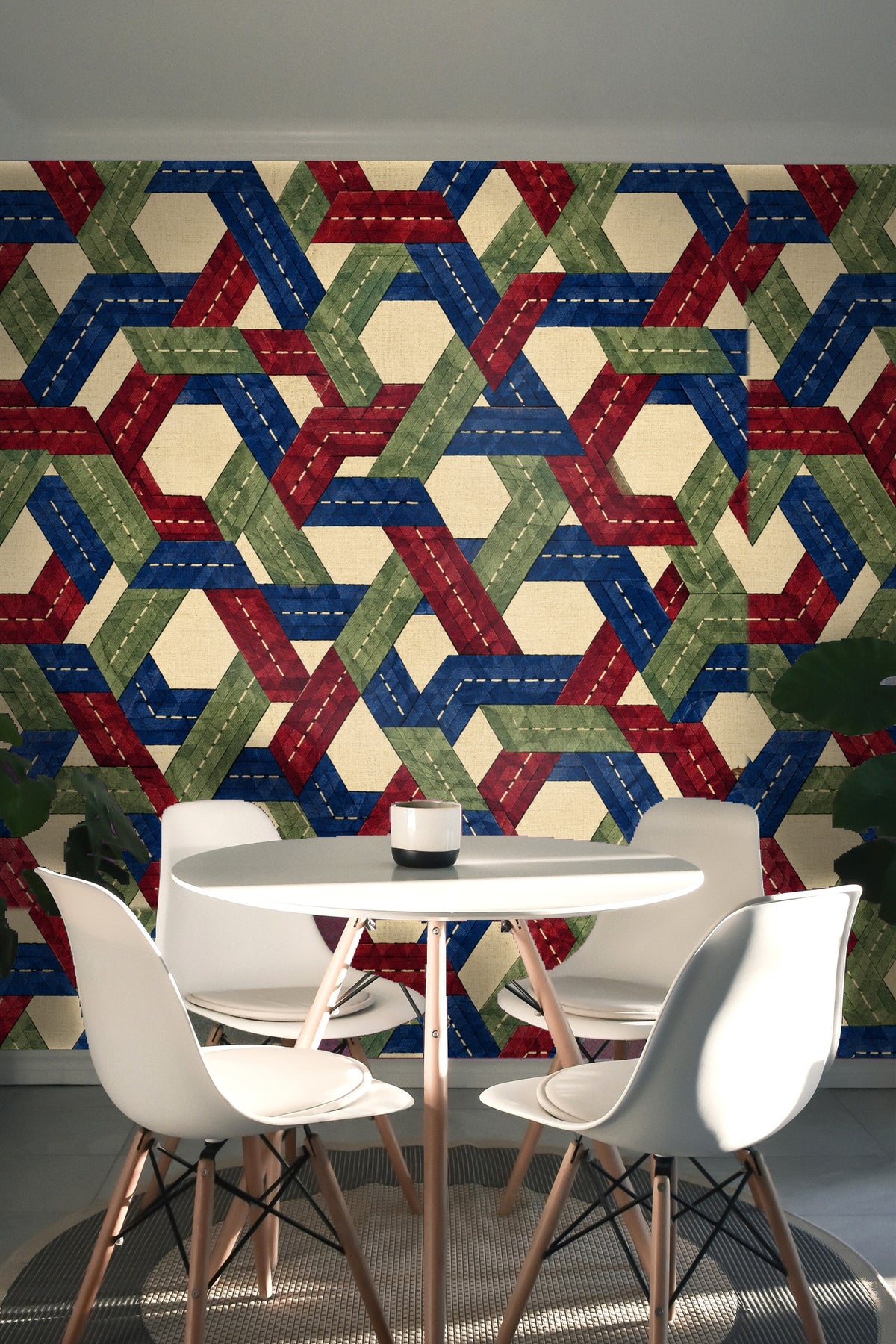 Close view highlighting the linen background texture behind stitched pattern