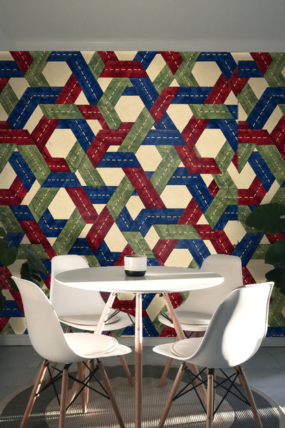 Close view highlighting the linen background texture behind stitched pattern