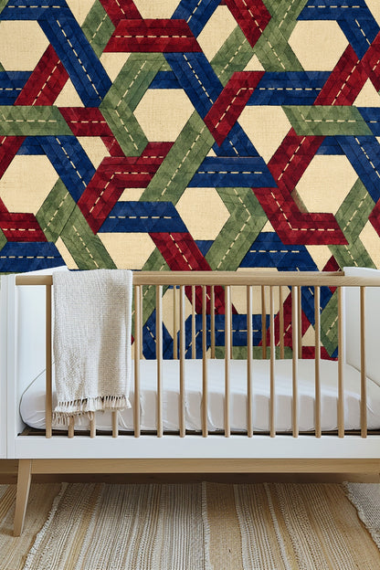 Wallpaper panel paired with midcentury furniture and light hardwood floors