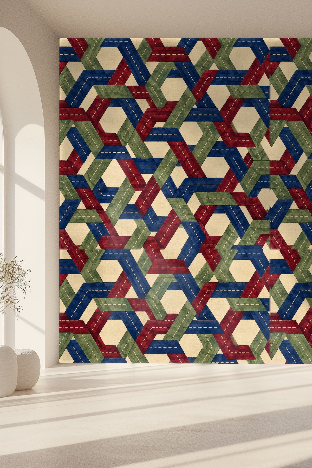 Modern interior featuring faceted braid wallpaper as accent wall
