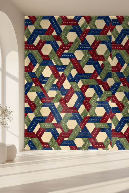 Modern interior featuring faceted braid wallpaper as accent wall