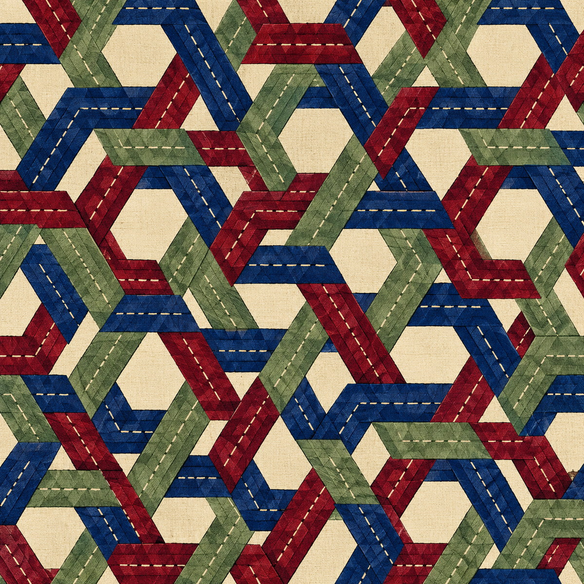 Room corner illuminated to reveal stitched pattern depth and shadow