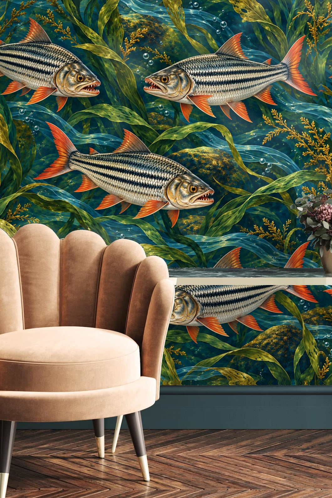 Interior shot showing scale and placement of wallpaper pattern.