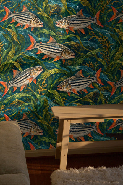 Tigerfish wallpaper in a room setting with natural light and minimalist furnishings.