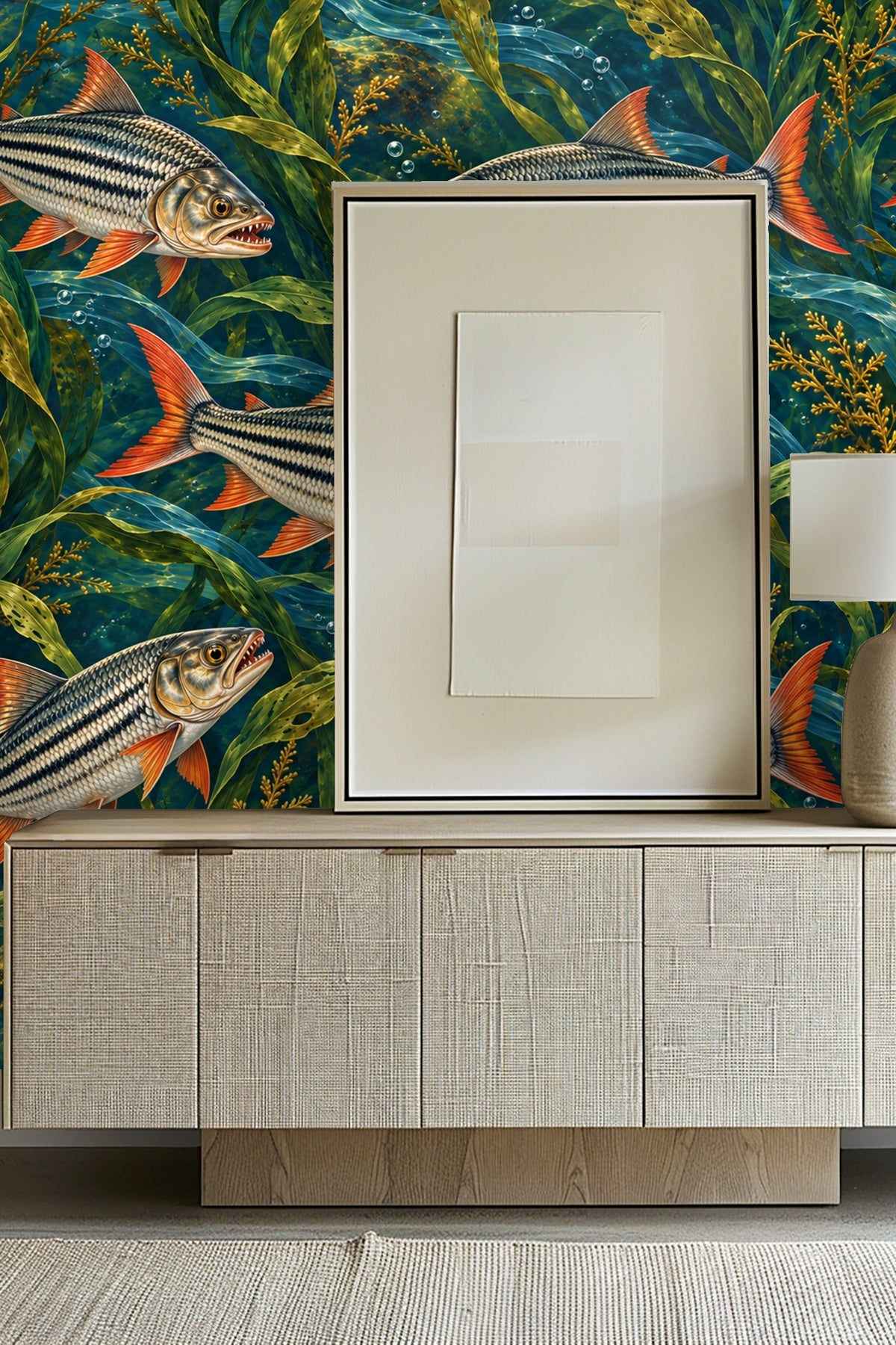 Close-up of tigerfish wallpaper artwork showing detailed fish and aquatic plants.