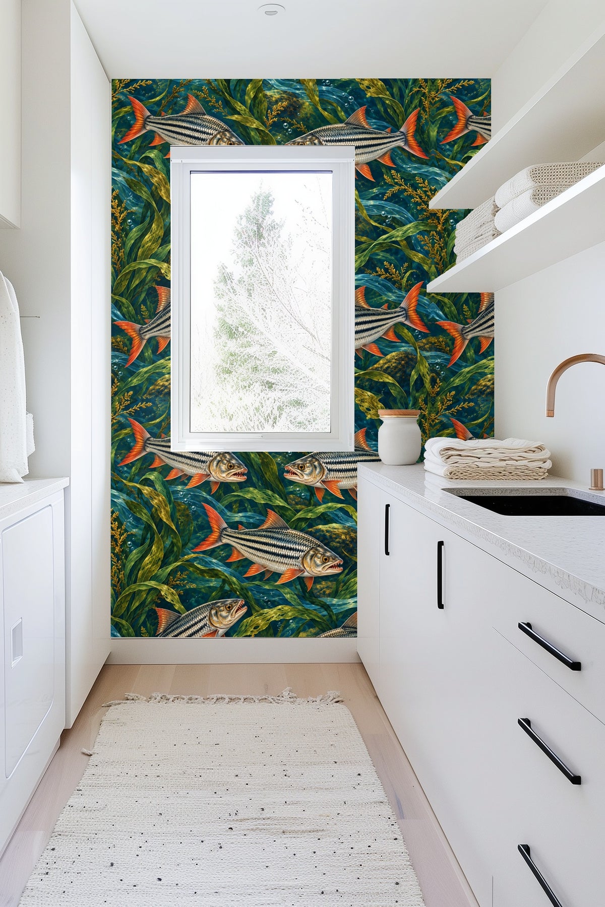 Underwater themed wallpaper showing swirling water ribbons and green plants.