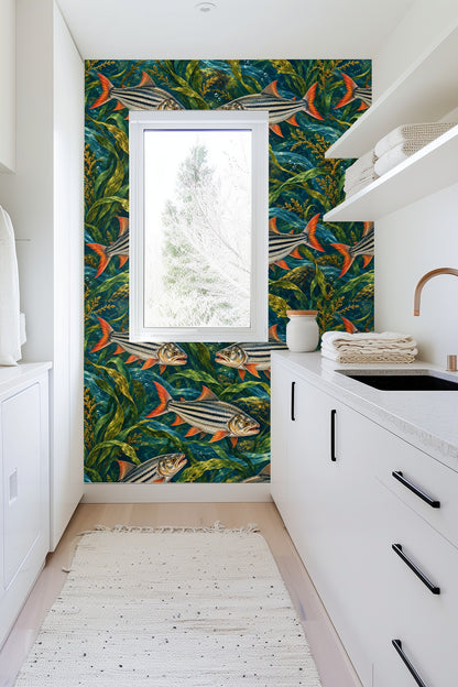 Underwater themed wallpaper showing swirling water ribbons and green plants.