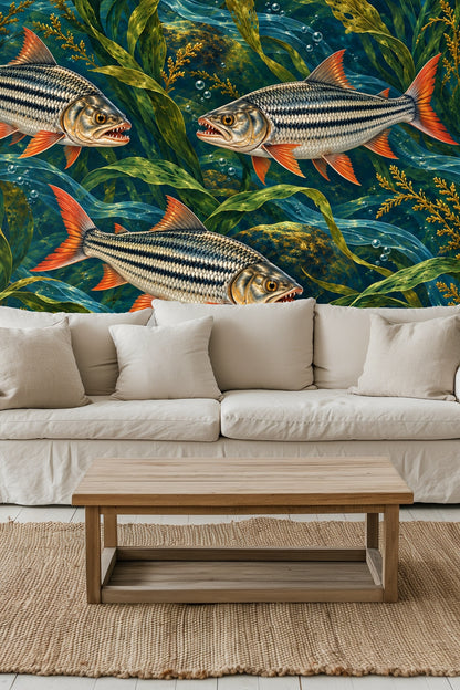 Entryway room featuring tigerfish wallpaper behind light decor and artwork frame.