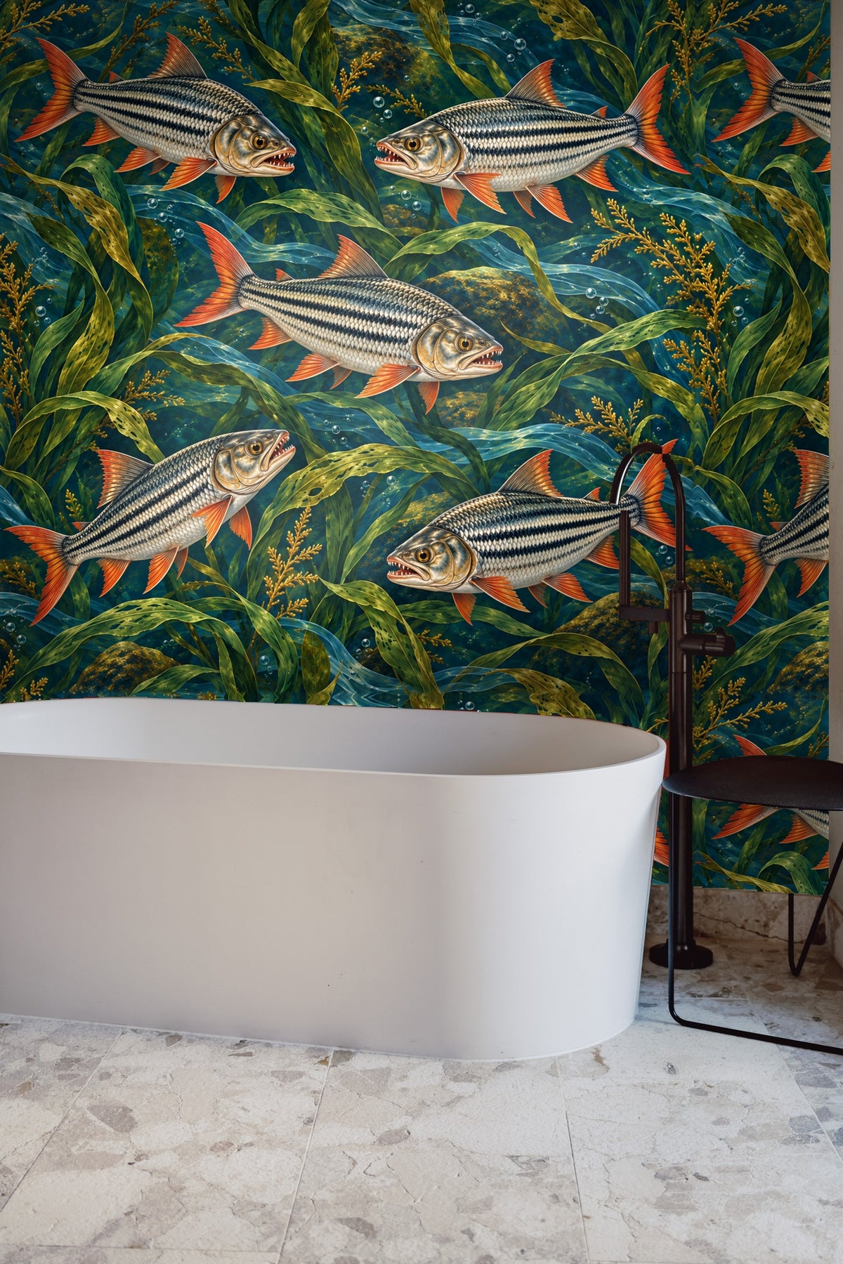 Decorative fish pattern with realistic scales and water bubbles.