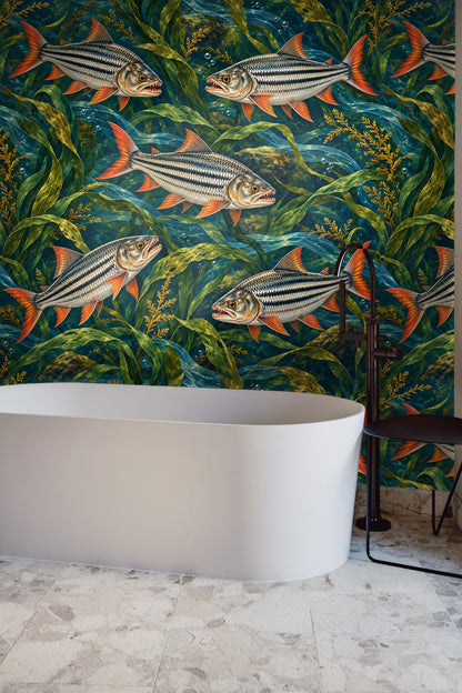 Decorative fish pattern with realistic scales and water bubbles.