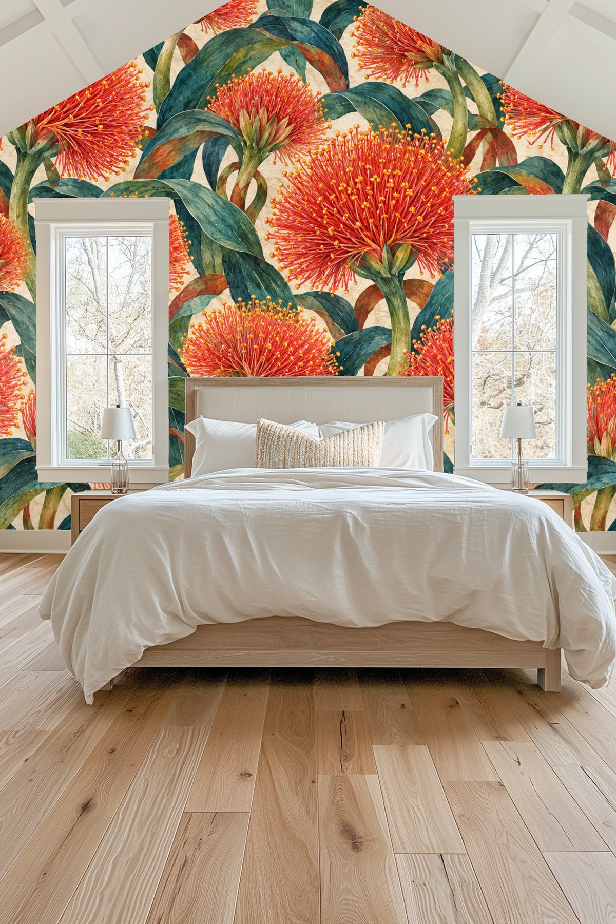 Living room with orange sofa and fiery red scadoxus floral wallpaper accent wall.