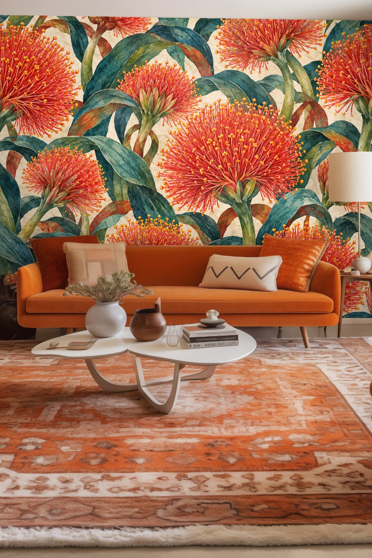 Close-up of vibrant red scadoxus flowers with yellow-tipped petals and green leaves on wallpaper.