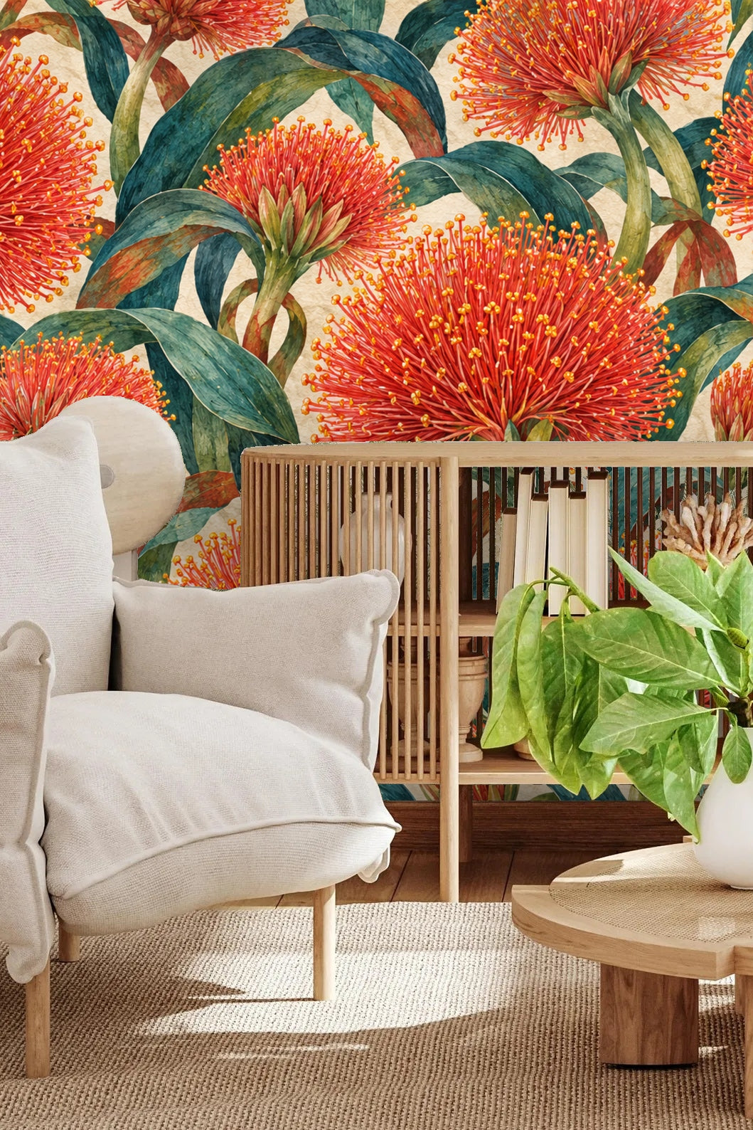 Bedroom with cathedral ceiling and scadoxus wallpaper flanking two large windows.