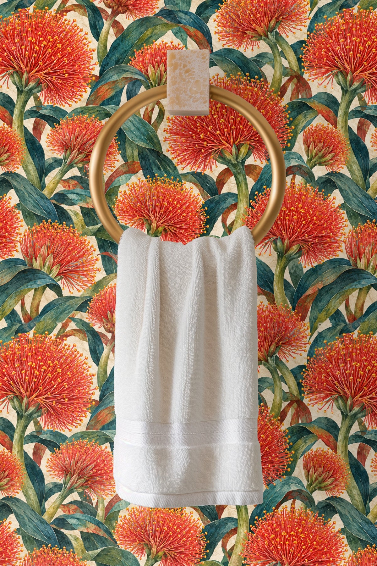 Wall with dense scadoxus blossoms in rich red and green hues creating dramatic botanical effect.