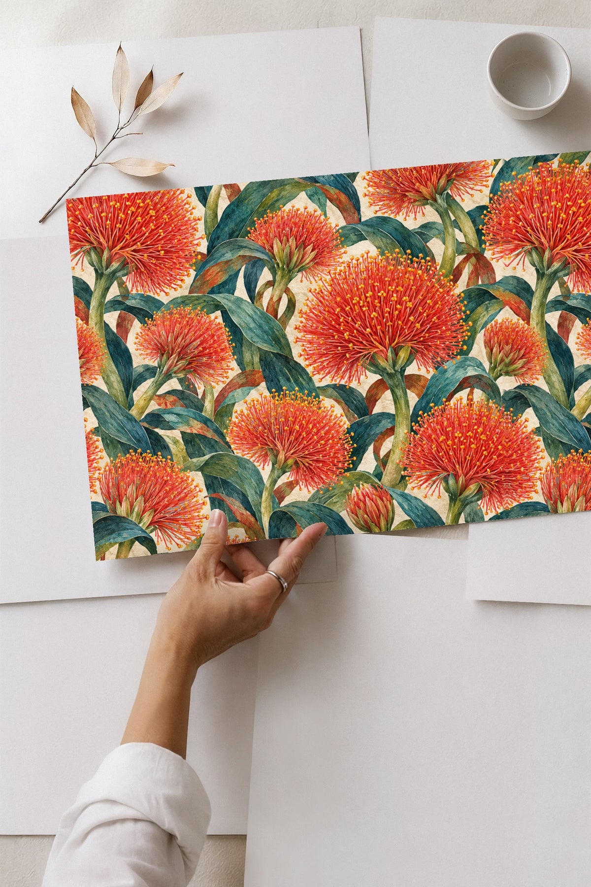 Full repeat of wallpaper pattern showing naturalistic botanical motifs.