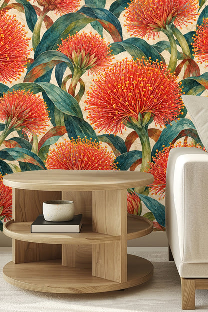 Bedroom with large scale scadoxus floral wallpaper behind bed with white linens and natural wood flooring.