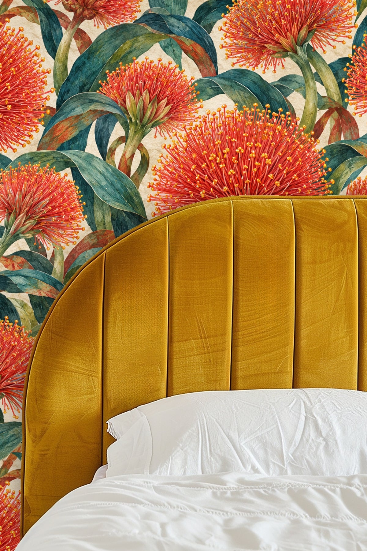 Wide shot of living space featuring bold floral wallpaper and warm-toned furnishing.