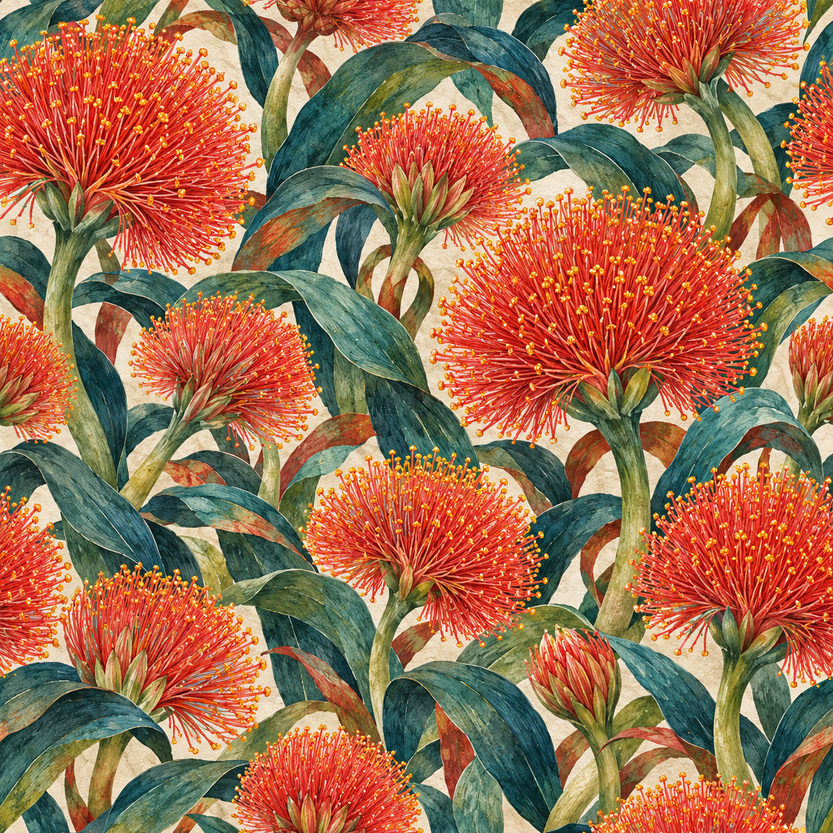 Artistic interpretation of firework-like scadoxus blooms for statement wall. 