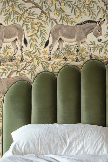 Wild Ass Desert Willow original wallpaper artwork showing donkeys and desert willow branches on linen background