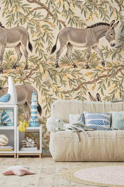 Wild Ass Desert Willow wallpaper in a living room setting with green velvet chair and brass side table