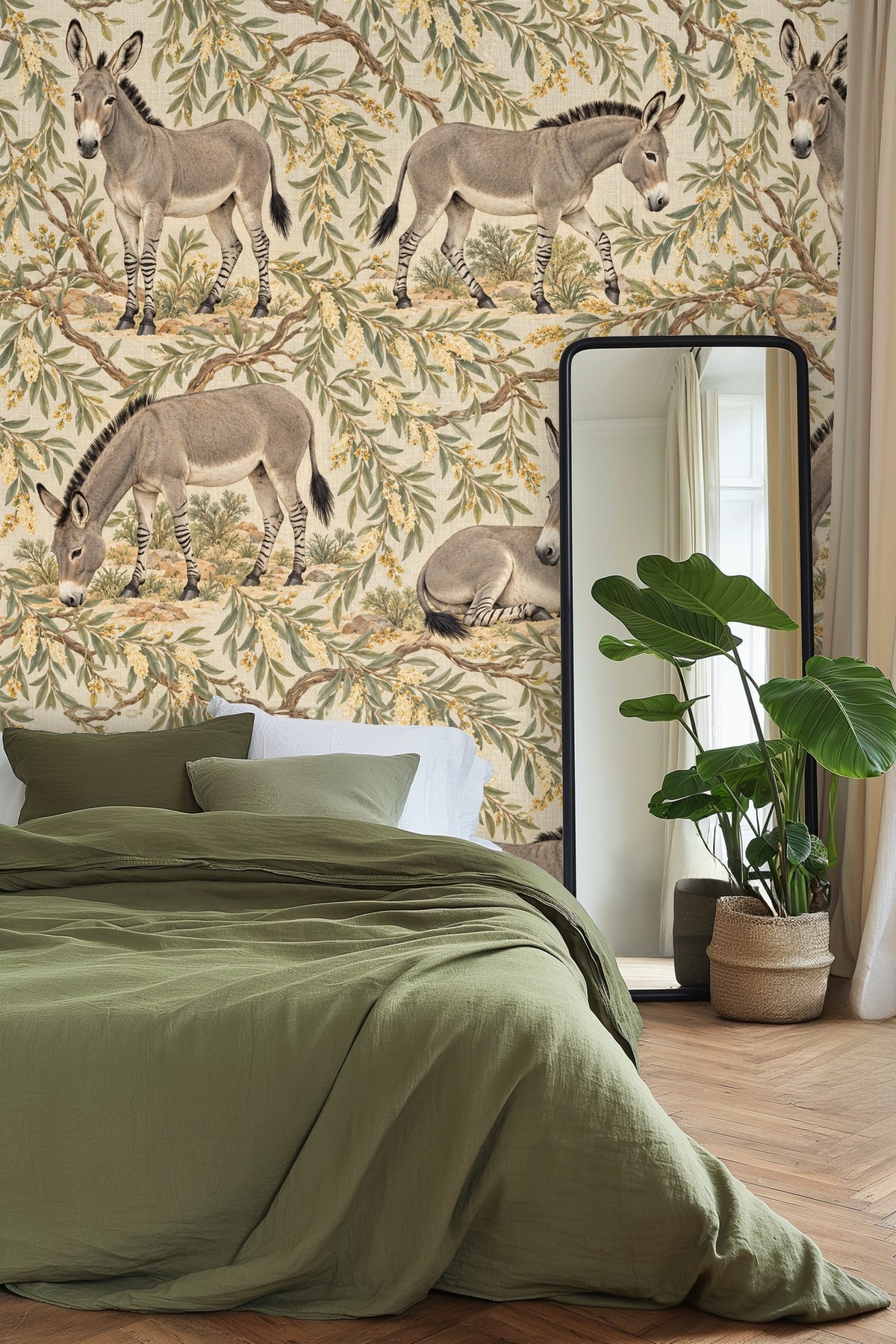 Striped legs and tail tuft of donkeys on patterned wallpaper