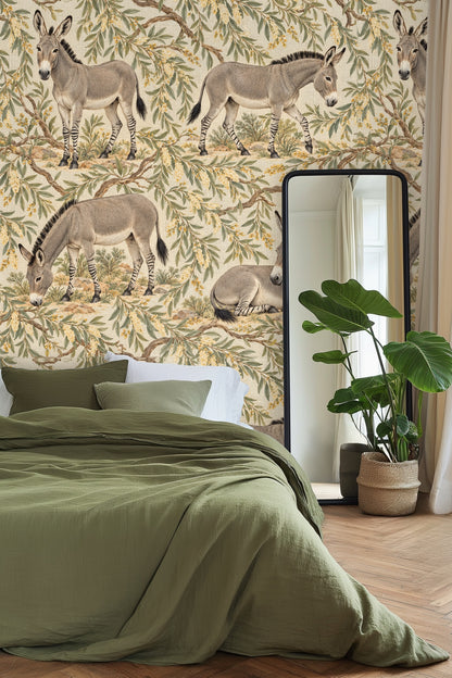 Striped legs and tail tuft of donkeys on patterned wallpaper