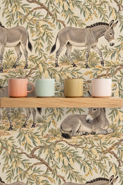Donkey walking pose on Wild Ass Desert Willow wallpaper with botanical foliage