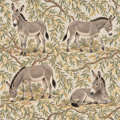 Bedroom scene with realistic donkey wallpaper and olive green headboard