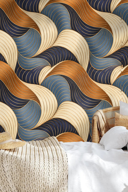 Copper Comb Interlock wallpaper in a warm-lit interior setting