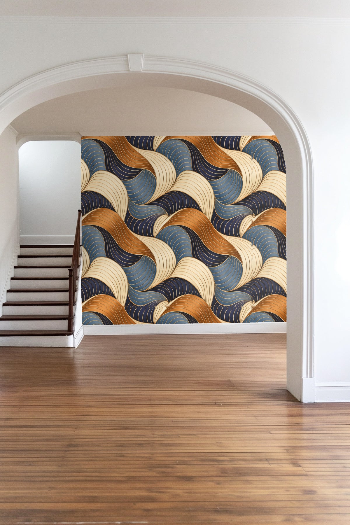 Full wall view of Copper Comb Interlock wallpaper behind modern furnishings