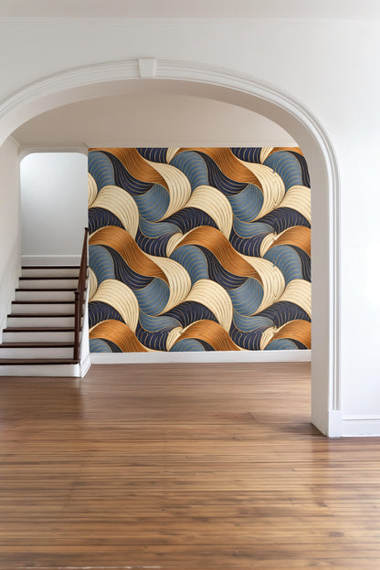 Full wall view of Copper Comb Interlock wallpaper behind modern furnishings
