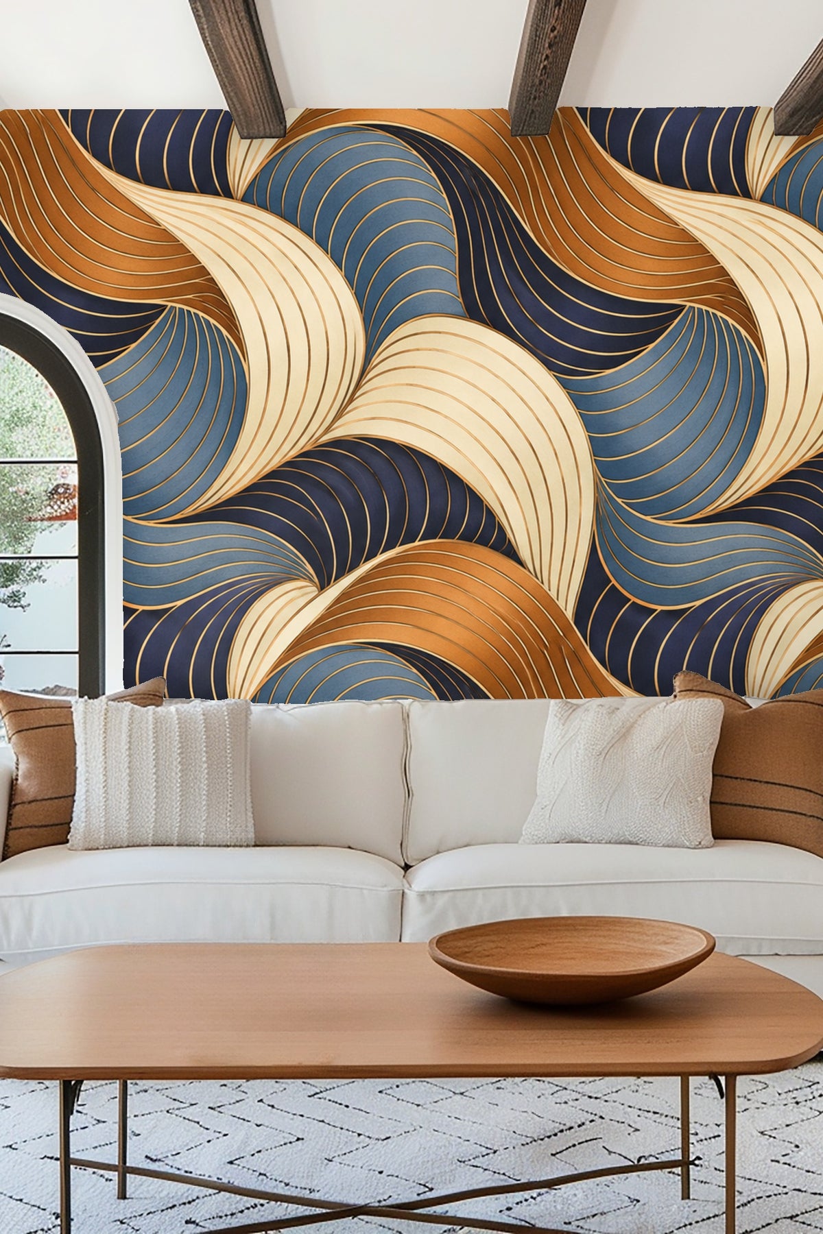 Living room with Copper Comb Interlock wallpaper behind white curved sofa