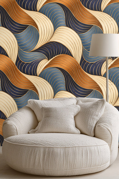 Gold-lined wave motifs in Copper Comb Interlock wallpaper