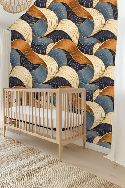 Close-up of Copper Comb Interlock curved ribbon shapes in copper and blue