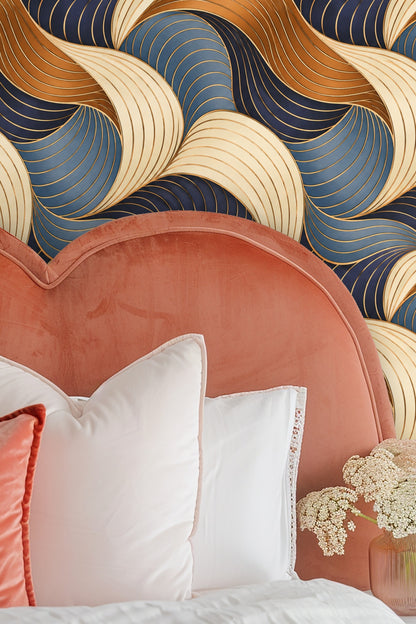 Pattern repeat showing graceful interlocking loops in warm and cool tones